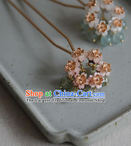Chinese Handmade Hanfu Hairpin Traditional Ming Dynasty Hair Accessories Ancient Princess Pink Flowers Hair Stick