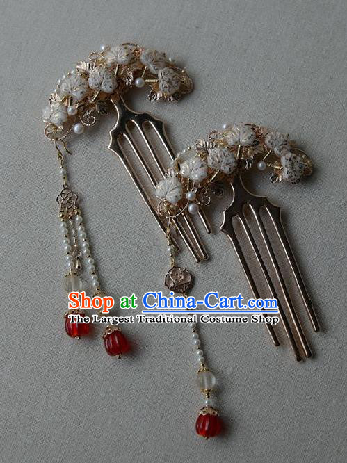 Chinese Traditional Hanfu Agate Tassel Hair Comb Ancient Song Dynasty Princess White Leaf Pearls Hairpin