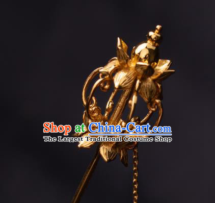 Chinese Traditional Ming Dynasty Empress Hairpin Ancient Queen Golden Lotus Tassel Hair Stick