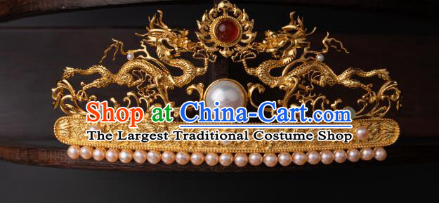 Chinese Ancient Queen Golden Dragons Hair Crown Traditional Ming Dynasty Empress Pearls Hairpin