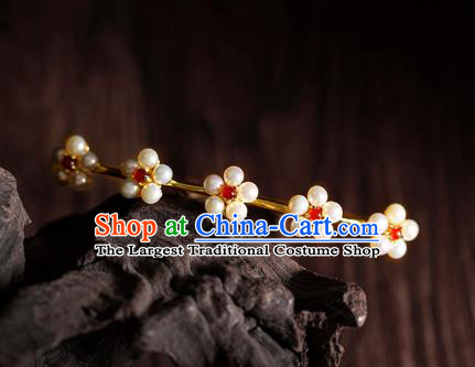 Chinese Ancient Empress Pearls Plum Blossom Hair Stick Traditional Ming Dynasty Queen Garnet Hairpin