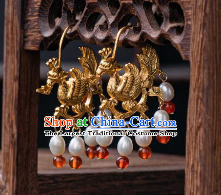 Chinese Traditional Song Dynasty Empress Golden Phoenix Earrings Accessories Ancient Queen Pearls Ear Jewelry
