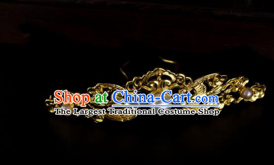 Chinese Ancient Empress Golden Hairpin Handmade Hair Accessories Traditional Ming Dynasty Pearls Hair Crown