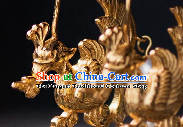 Chinese Traditional Song Dynasty Empress Golden Phoenix Earrings Accessories Ancient Queen Pearls Ear Jewelry