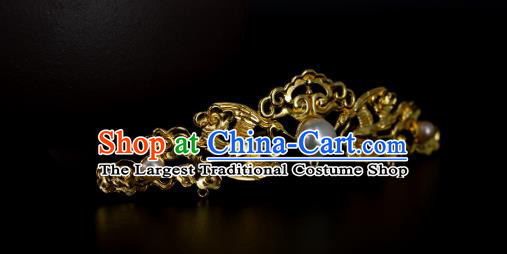 Chinese Ancient Empress Golden Hairpin Handmade Hair Accessories Traditional Ming Dynasty Pearls Hair Crown
