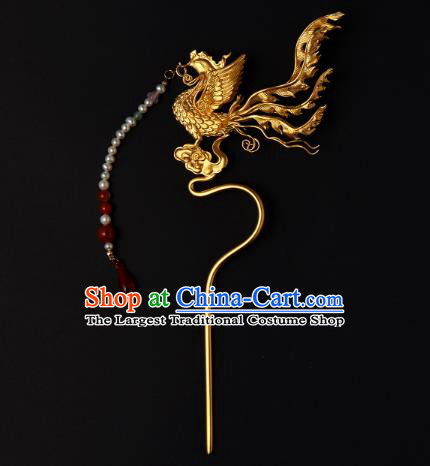 Chinese Ancient Empress Pearls Tassel Hairpin Handmade Hair Accessories Traditional Ming Dynasty Golden Phoenix Hair Stick