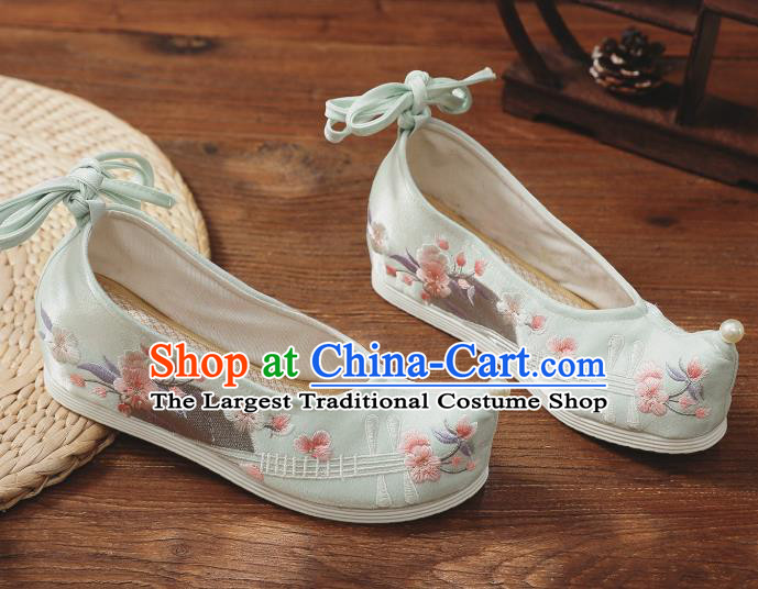 China Traditional Shoes Embroidered Shoes Handmade Hanfu Bow Shoes National Light Green Cloth Shoes