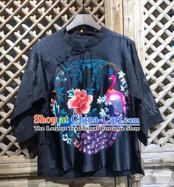 China National Tang Suit Blouse Upper Outer Garment Traditional Embroidered Peony Peacock Navy Silk Shirt