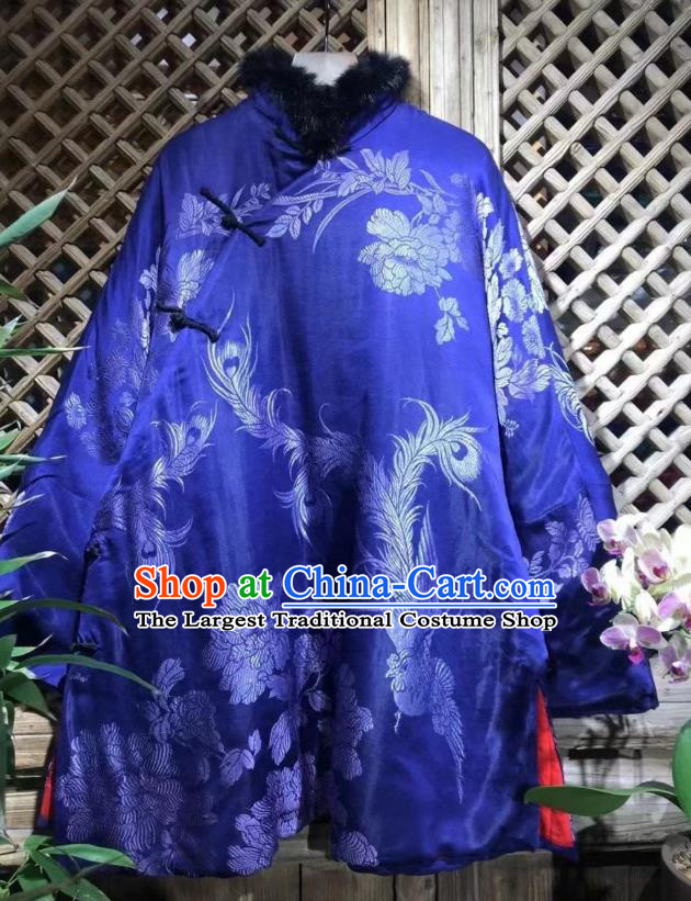 China National Tang Suit Outer Garment Blue Silk Cotton Wadded Coat Traditional Phoenix Peony Pattern Jacket