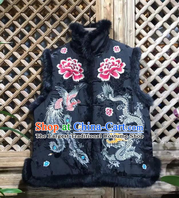 Republic of China Tang Suit Black Silk Waistcoat Embroidered Dragon Phoenix Vest
