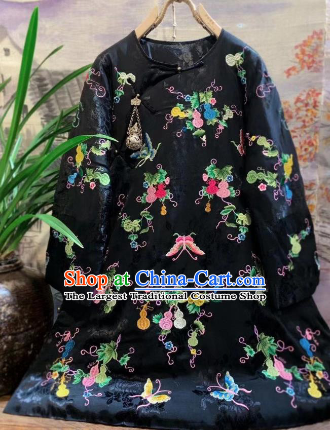 China Tang Suit Black Satin Cotton Padded Coat Traditional Embroidered Butterfly Jacket National Outer Garment
