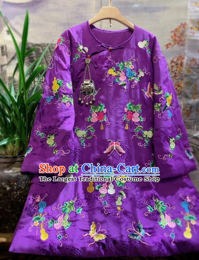 China Traditional Embroidered Butterfly Purple Silk Jacket National Outer Garment Tang Suit Cotton Padded Coat