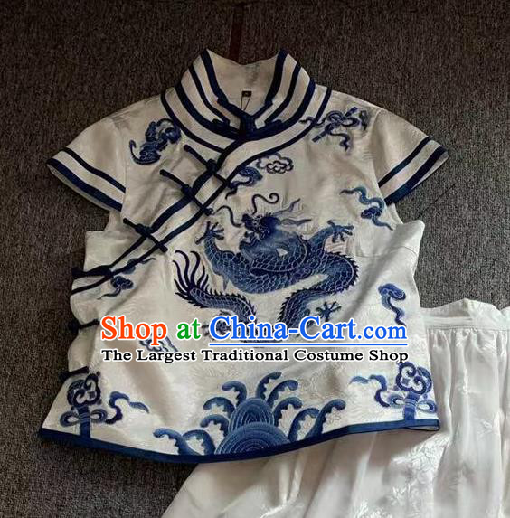 Republic of China Tang Suit White Silk Waistcoat Embroidered Dragon Vest Clothing