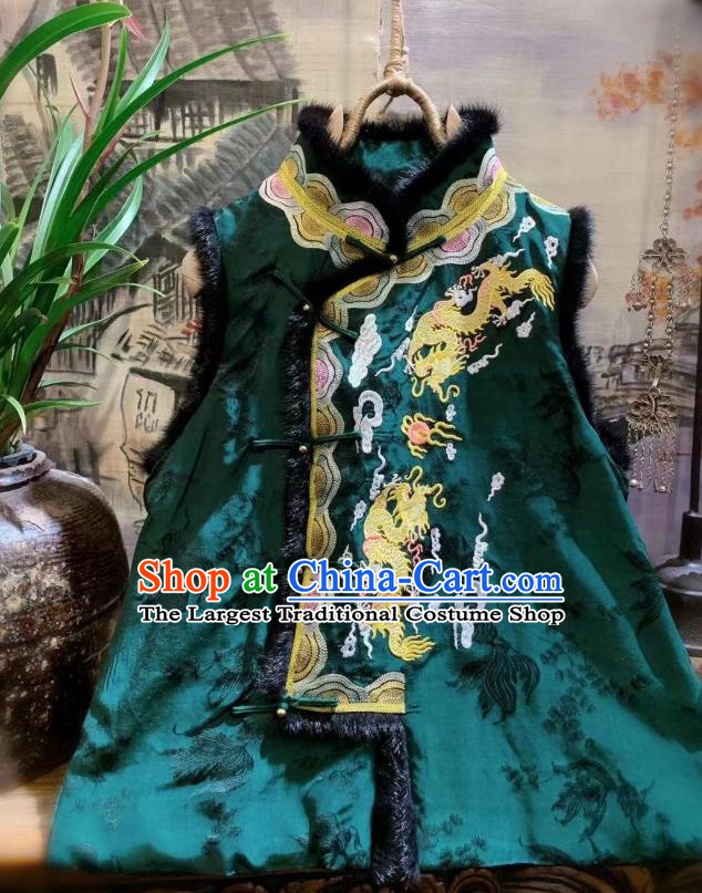 China Tang Suit Silk Waistcoat National Upper Outer Garment Clothing Embroidered Dragon Green Vest