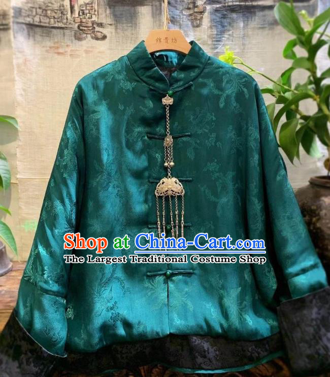 China Traditional Green Silk Jacket National Outer Garment Tang Suit Cotton Padded Coat
