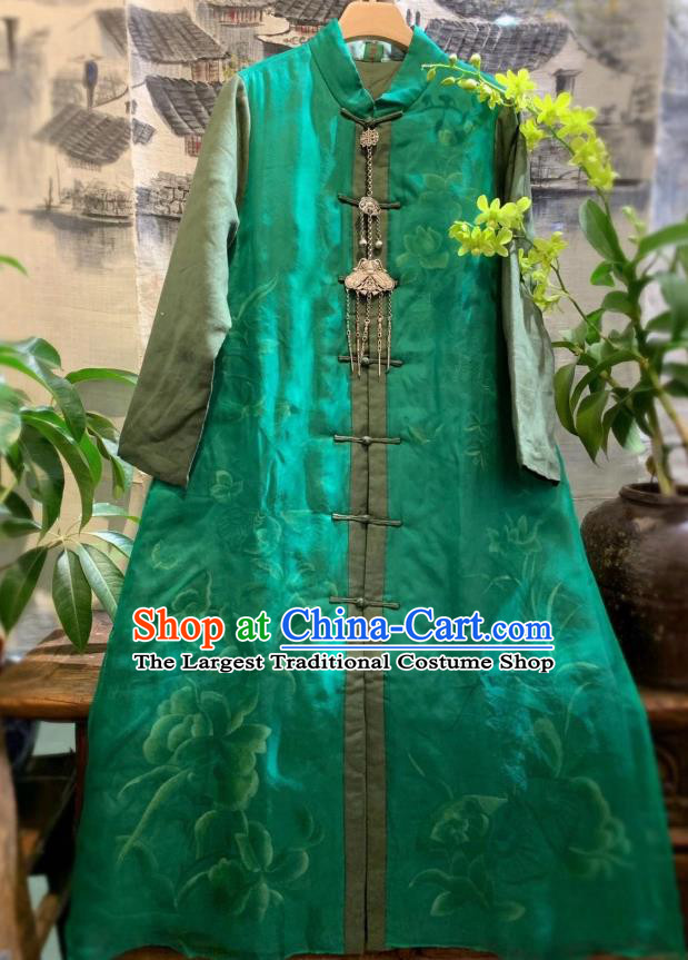 China Tang Suit Clothing National Outer Wear Traditional Green Silk Dust Coat