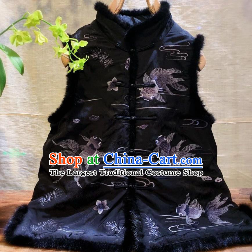 China National Clothing Embroidered Goldfish Winter Vest Tang Suit Black Silk Waistcoat