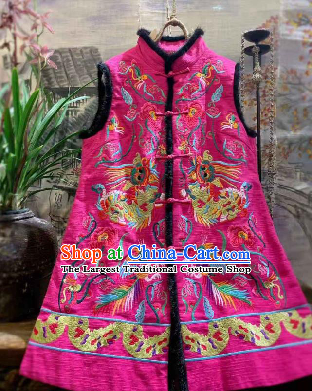 China National Winter Clothing Embroidered Rosy Vest Tang Suit Long Waistcoat