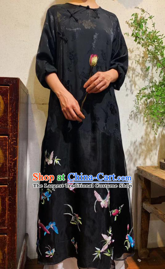 Chinese Traditional Embroidered Butterfly Long Qipao Dress National Black Silk Cheongsam Clothing