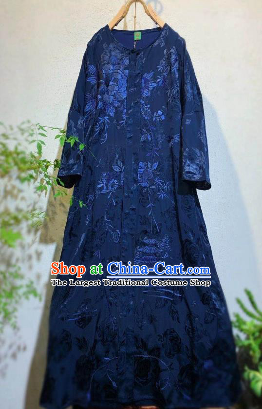 Chinese Embroidered Long Qipao Dress Traditional Navy Blue Silk Cheongsam National Clothing