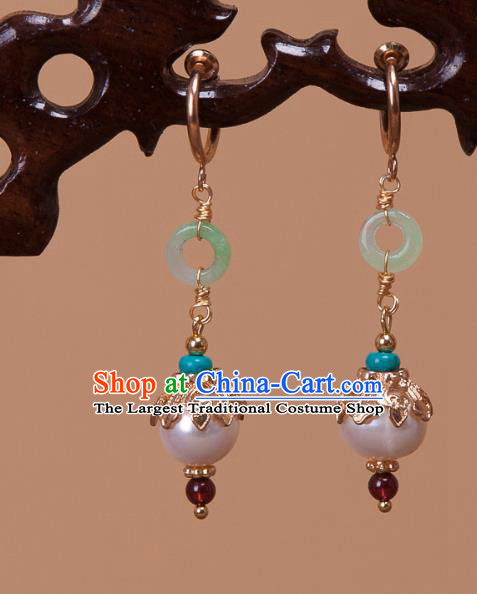 China Traditional Qing Dynasty Court Pearl Earrings Ancient Princess Jade Garnet Ear Jewelry