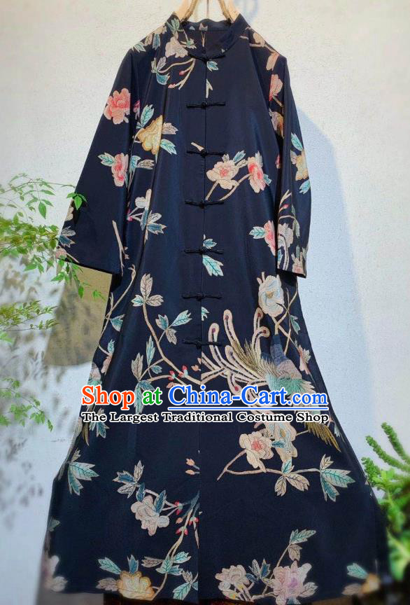 Chinese Traditional Navy Blue Cheongsam National Clothing Printing Phoenix Peony Qipao Dress