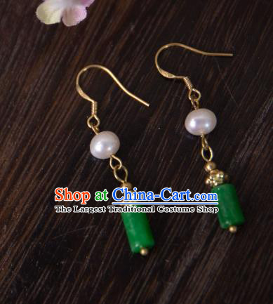 China Traditional Hanfu Green Jade Earrings Ancient Qing Dynasty Palace Lady Ear Jewelry