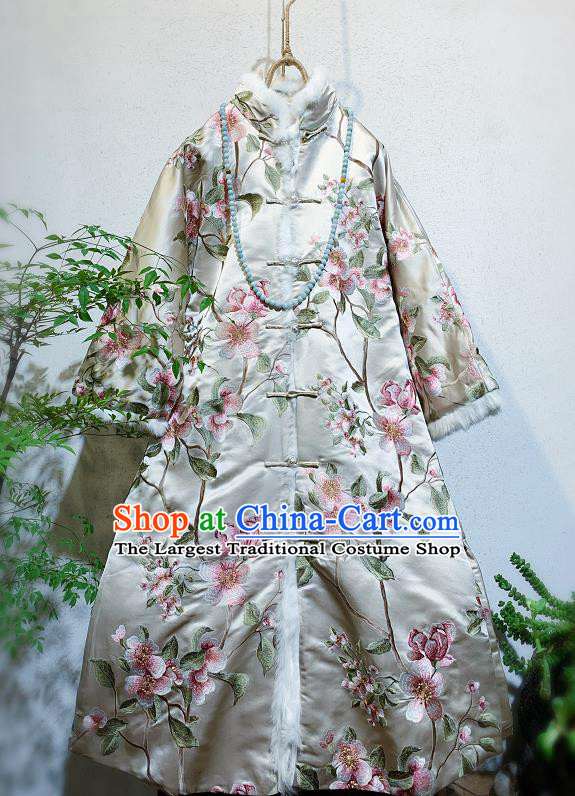 China National Embroidered Peach Blossom Outer Wear Traditional Argent Silk Dust Coat Tang Suit Clothing