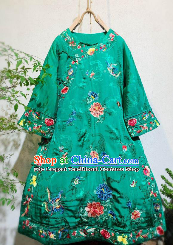 Chinese National Wedding Qipao Dress Traditional Embroidered Peony Green Silk Cheongsam Clothing