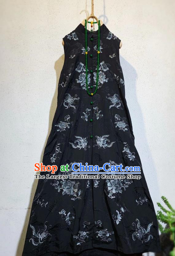 Chinese National Black Silk Qipao Dress Traditional Mandarin Long Cheongsam Clothing