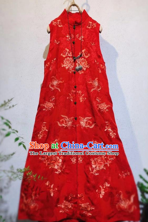 Chinese National Clothing Red Silk Qipao Dress Traditional Long Mandarin Cheongsam