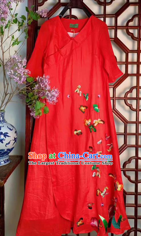 Chinese Traditional Clothing Embroidered Butterfly Long Qipao Dress National Red Flax Cheongsam
