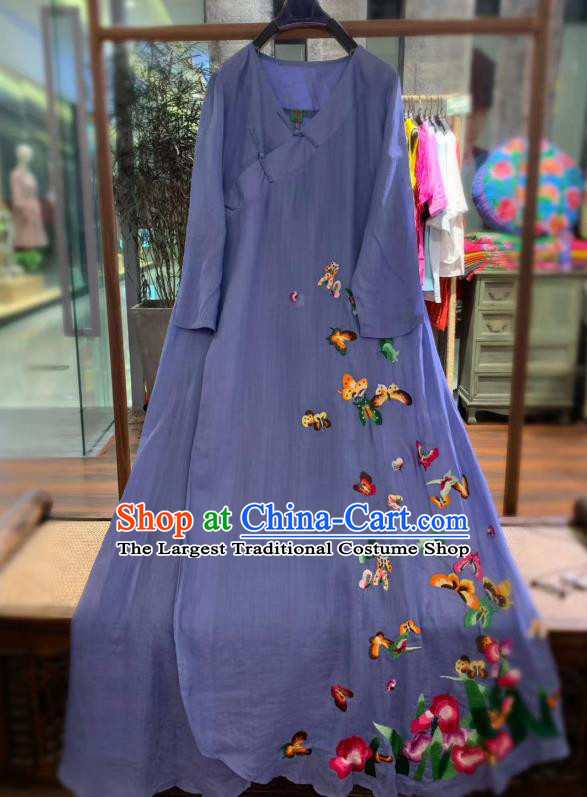 Chinese Embroidered Butterfly Long Qipao Dress National Violet Flax Cheongsam Traditional Clothing