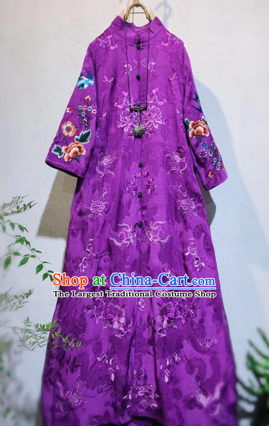 China Traditional Purple Silk Dust Coat Tang Suit Outer Garment Clothing National Embroidered Coat