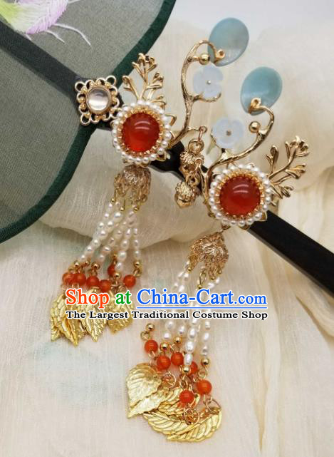Chinese Handmade Agate Pearls Hairpin Traditional Song Dynasty Princess Golden Leaf Tassel Hair Stick