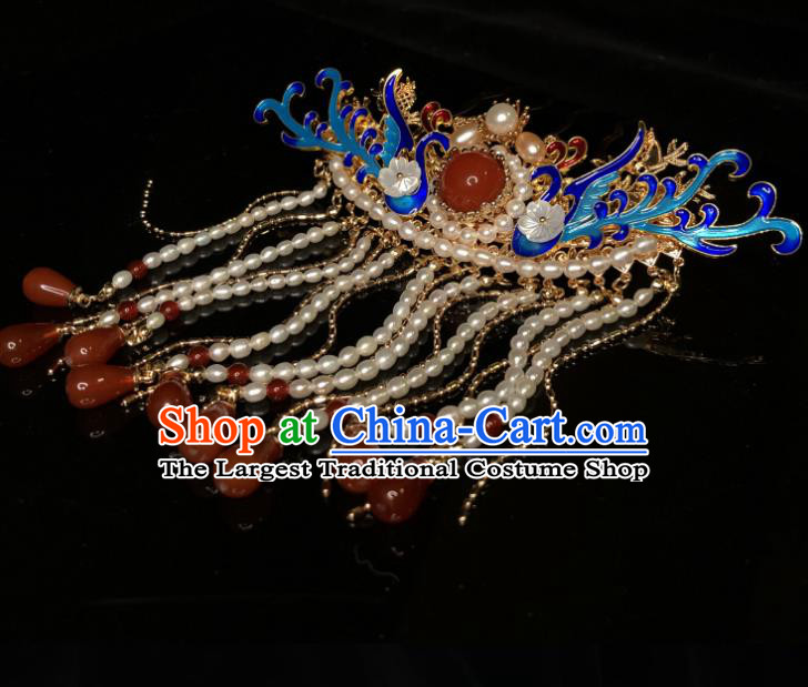 Chinese Traditional Ming Dynasty Blueing Phoenix Hair Stick Handmade Agate Tassel Hairpin