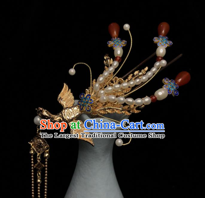 Chinese Handmade Golden Phoenix Hairpin Traditional Ming Dynasty Empress Pearls Hair Stick