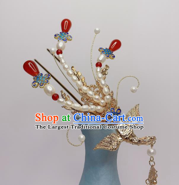 Chinese Handmade Golden Phoenix Hairpin Traditional Ming Dynasty Empress Pearls Hair Stick