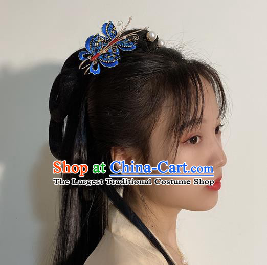 Chinese Handmade Blue Butterfly Hair Claw Traditional Ming Dynasty Princess Hairpin