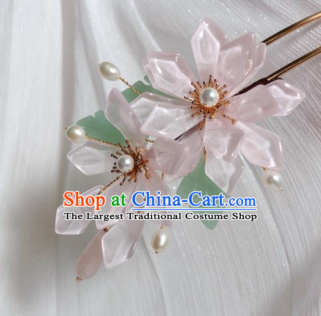 Chinese Handmade Light Pink Flowers Hairpin Traditional Ming Dynasty Young Beauty Hair Clip
