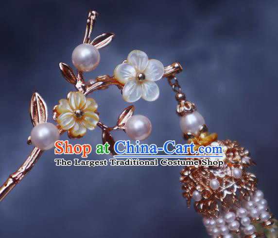 Chinese Handmade Shell Plum Blossom Hair Stick Traditional Ming Dynasty Princess Pearls Tassel Hairpin