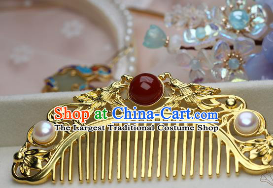 Chinese Handmade Agate Pearls Hairpin Traditional Ming Dynasty Empress Golden Hair Comb