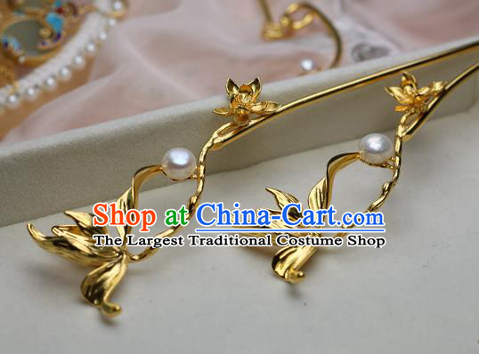 Chinese Handmade Pearls Hairpin Traditional Ming Dynasty Golden Orchid Hair Stick