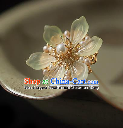 Chinese Handmade Pearls Hair Stick Traditional Ming Dynasty Princess Jade Epiphyllum Hairpin