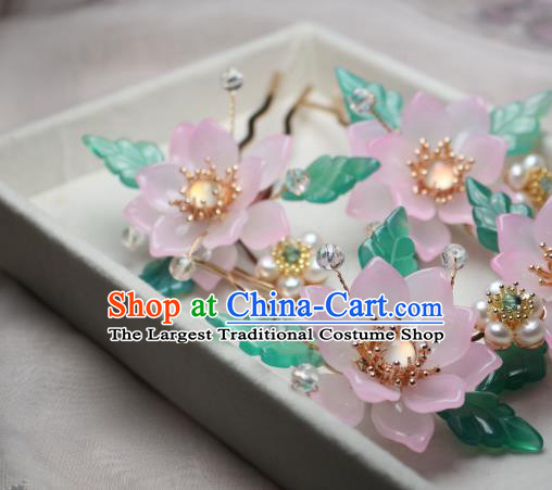 Chinese Handmade Pink Epiphyllum Hair Stick Traditional Ancient Princess White Chalcedony Hairpin