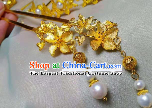 Chinese Handmade Golden Flowers Tassel Hair Stick Traditional Ancient Princess Pearls Hairpin
