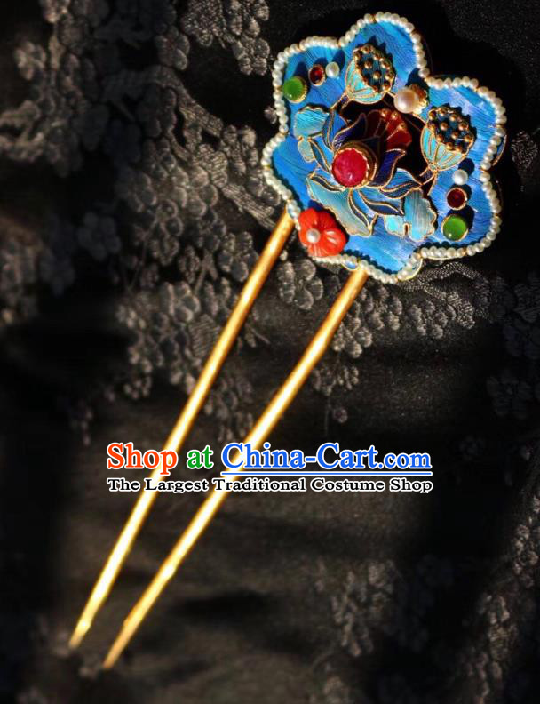 Chinese Handmade Gems Hair Stick Traditional Ancient Qing Dynasty Imperial Consort Blueing Lotus Hairpin