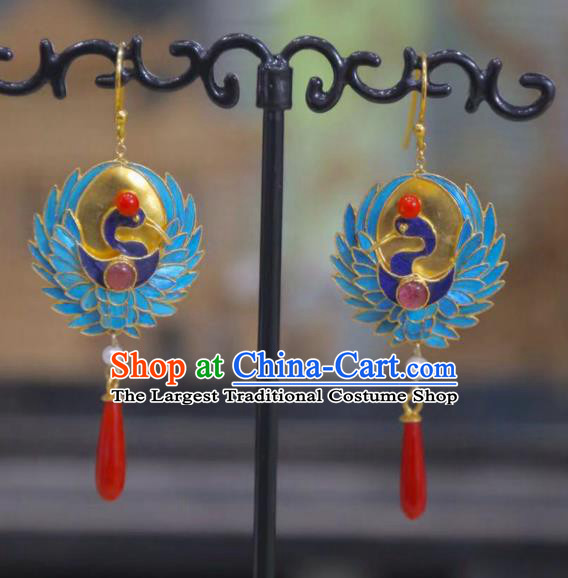Chinese Ancient Court Lady Blueing Phoenix Ear Accessories Traditional Jewelry Qing Dynasty Empress Agate Earrings