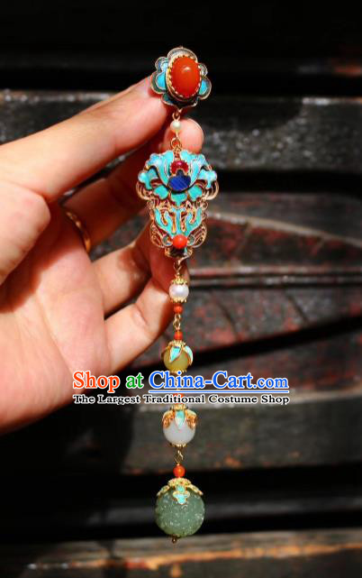 China Handmade Jade Tassel Brooch Jewelry Traditional Qing Dynasty Blueing Pendant Agate Accessories