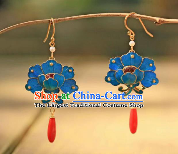 Chinese Traditional Ruby Jewelry Ancient Empress Agate Ear Accessories Qing Dynasty Blue Peony Earrings